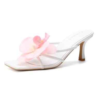 Imagem de Goderci Sandálias femininas de salto alto floral com bico aberto e bico aberto, Rosa claro, 40
