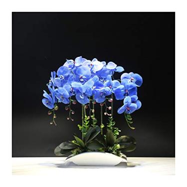 Imagem de LMJYU Planta em vaso de orquídea artificial tamanho king - decoração artificial de planta de orquídea PU buquê de flores artificiais falsas com vaso branco para escritório/rosa