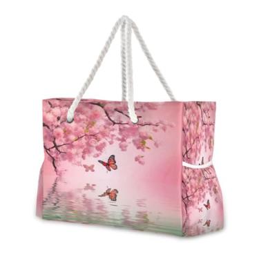 Imagem de Wassud Bolsa de praia grande para mulheres, lindas flores de cerejeira, à prova d'água, à prova de areia, bolsa de viagem com zíper e bolso para piscina, academia, acampamento