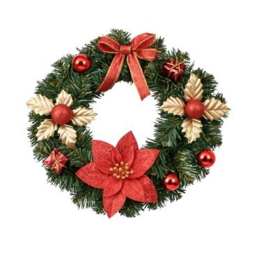 Imagem de Guirlanda Natalina Decorativa, 30x30 cm, com Folhagem Verde, Flores, Laço, Bolas e Presentes, em Cores Vermelho, Champagne e Dourado (Vermelho)