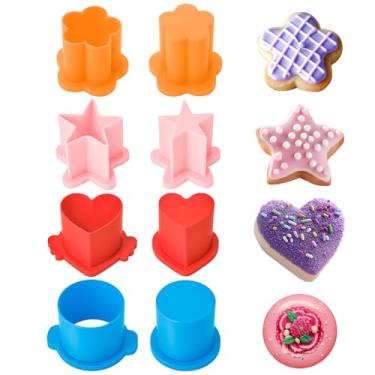 Imagem de Ovveroche Conjunto de 4 peças de cortadores e empurradores de bolo com 100 peças de palitos vazados, círculo, coração, estrelas e flores, moldes impressos em 3D, formas de panificação, ferramentas de