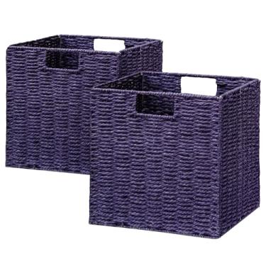 Imagem de Vagusicc Cesta de armazenamento de vime, conjunto de 2 cestas de vime de corda de papel tecidas à mão, caixas de armazenamento de cubos dobráveis, cestas de armazenamento grandes quadradas para