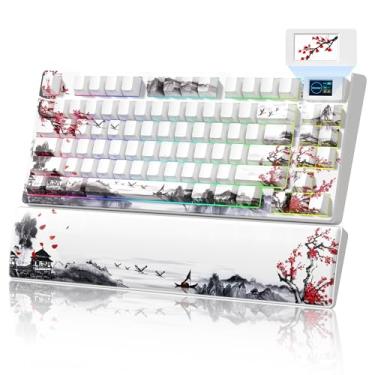 Imagem de Womier Tema 75% teclado para jogos sem fio com tela multimídia colorida, teclado mecânico SK80 PRO 3 modos de troca a quente com descanso de pulso, teclado RGB personalizado para Mac/Win, vermelho