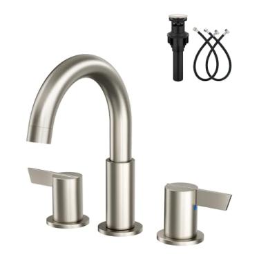 Imagem de GBBNE Torneira de pia de banheiro 3 furos 20 cm ampla torneira de 2 alças SUS304 aço inoxidável com drenagem pop-up e linhas de suprimento níquel escovado