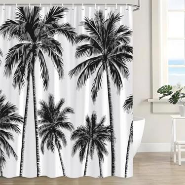 Imagem de CWHCWA Cortina de chuveiro de palmeira preta e branca tropical silhueta de planta exótica oceano Havaí natureza moderna minimalista cortina de banho com ganchos