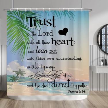 Imagem de Baocicco Conjunto de cortina de chuveiro com versículo bíblico, citações inspiradoras, escrituras cristãs, cortina de chuveiro para decoração de banheiro, verão, praia, litoral, plantas tropicais