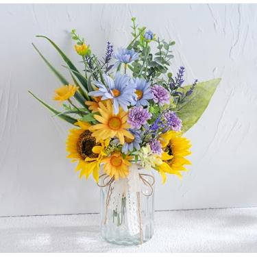 Imagem de Girassol de seda artificial com vaso de flores falsas em vaso de mesa de centro de mesa, arranjo de margarida azul falsa para decoração de primavera, casa, escritório, sala de estar