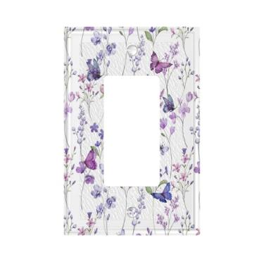 Imagem de WJLKSJD Flores de borboleta roxa floral 1 gangue único balancim placa de interruptor de luz decorativa placas de parede placa elétrica interruptor de luz para quarto de meninas e banheiro