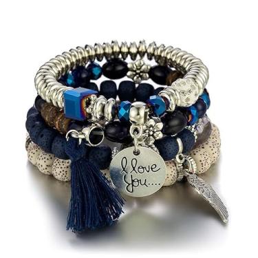 Imagem de Conjunto de pulseiras elásticas estilo boho para mulheres, com acrílico e liga metálica, Medium, Acrílico, Sem Pedra Preciosa