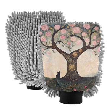 Imagem de ODAWA Luva de limpeza de carro de microfibra chenille, luva de limpeza e secagem rosa gato rosa árvore, 18 cm x 26 cm (pacote com 2)