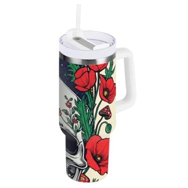 Imagem de Copo com isolamento duplo de 1,134 g com canudo e alça, papoulas de caveira