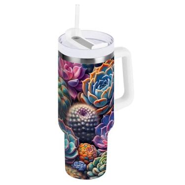 Imagem de ODAWA Copo grande colorido isolado de aço para suculentas com alça e tampa de palha, copo com isolamento de queda