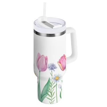 Imagem de ODAWA Copo isolado de parede dupla de 850 g, copos de flores silvestres com isolamento duplo com alça e tampa de canudo