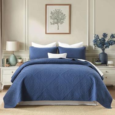 Imagem de AJOCCI Conjunto de edredom king de algodão azul marinho, conjunto de edredom geométrico, colcha de algodão macio, cor sólida, leve, para todas as estações, 3 peças