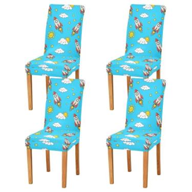 Imagem de Conjunto de 4 capas de cadeira de sala de jantar azuis com foguetes de desenho animado, laváveis e removíveis para casa ou festa