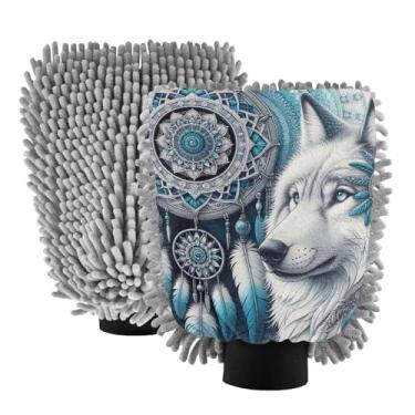 Imagem de ODAWA Pacote com 2 luvas de limpeza de carro Dream Catcher Lobo, espuma de microfibra dupla face, canhão para lavagem de carro, 20,5 x 30 cm