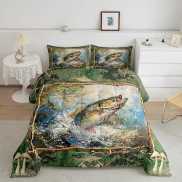 Imagem de Feelyou Conjunto de edredom Queen com estampa de peixe robalo, peixe, lúcio, lago, pescador, para meninos e meninas e adolescentes, conjunto de edredom para decoração de quarto