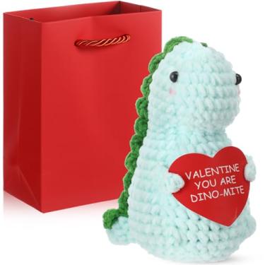 Imagem de Leinuosen Dinossauro de pelúcia de crochê com lindo cartão com bolsa de presente, presente romântico de aniversário para mulheres, namorada, presente de crochê doce para namorada, esposa (verde)