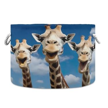 Imagem de Wassud Três girafas cestas redondas de tecido de lona com alças, caixas de armazenamento de animais de pelúcia cesta de lavanderia para roupas cobertores de toalha, 50 x 35 cm
