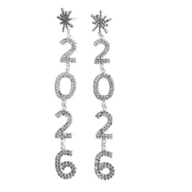 Imagem de Brincos com pingente de strass brilhante colorido 2026 feito à mão cristal feliz ano novo 2026 letra borla brincos para mulheres Natal véspera de ano novo dança festa baile joias presentes de feriado