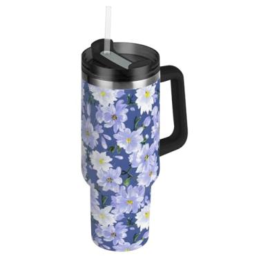Imagem de Joisal Copos delicados de flores brancas roxas claras com tampas e canudo Termo Tumbler com alça Garrafas de água de 1,134 g Caneca de café quente isolada de aço inoxidável para carros