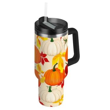 Imagem de Joisal Copos de aço inoxidável com tampas e canudos Abóboras Laranja Colheita Outono Caneca de Café Quente para Carros Mulheres Copo de 850 g com Alça Garrafa de Água Isolada