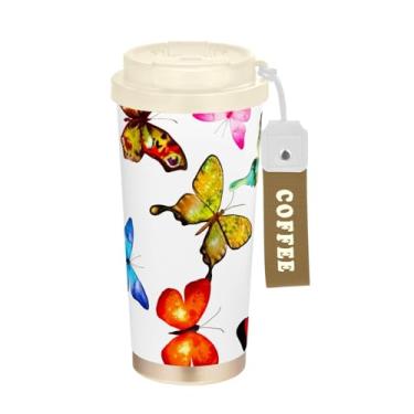Imagem de TSENQUE Copo de café de 473 ml com canudo e tampa, caneca de café de aço inoxidável à prova de vazamento para escritório, escola, festa, acampamento, borboletas coloridas, asas brancas