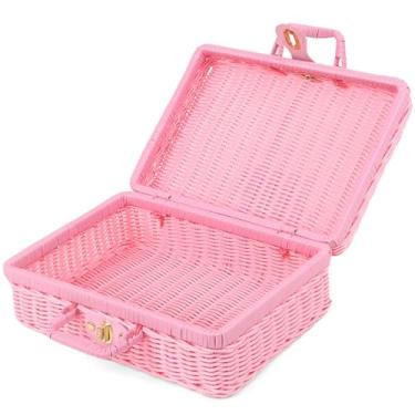 Imagem de Cesta de piquenique de vime de imitação, cesta de piquenique vintage com trava de imitação de vime com alça para diversos, viagens, acampamento e festa ao ar livre (rosa claro, 35 x 25 x 13 cm)