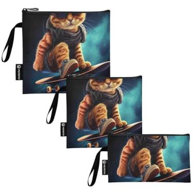 Imagem de Saco de lanche reutilizável para skate de gato engraçado e bolsa de sanduíche bolsa de armazenamento de alimentos lavável com zíper para crianças estudantes adultos (conjunto de 3: P/M/G)