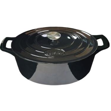 Imagem de Forno holandês oval de ferro fundido esmaltado de 6240 MB La Cuisine - 13 x 9,85 polegadas, interior esmaltado preto fosco, revestimento externo de porcelana preta brilhante.