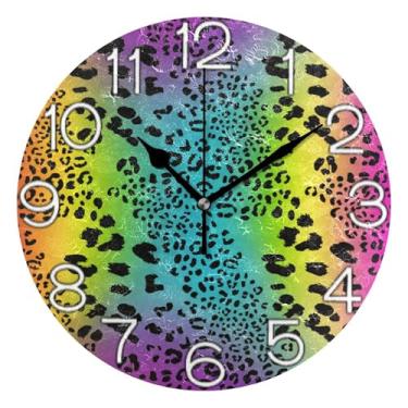 Imagem de Relógio de parede analógico decorativo relógio de cozinha bonito operado por bateria silencioso, decoração de parede moderna casa de fazenda arco-íris colorido leopardo pastel, 25 cm, ponteiros
