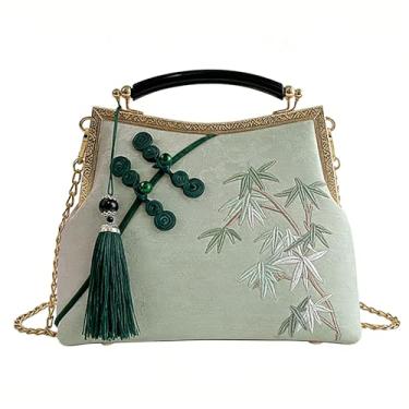 Imagem de Anopo Bolsa feminina bordada estilo chinês vintage clutch com pingente de borla Hanfu bolsa transversal, Verde claro, One Size