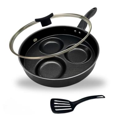 Imagem de Frigideira 22 cm Divisória 3 Ovos Hamburguer Antiaderente Alta Tampa de Vidro e Espátula Cor Preto