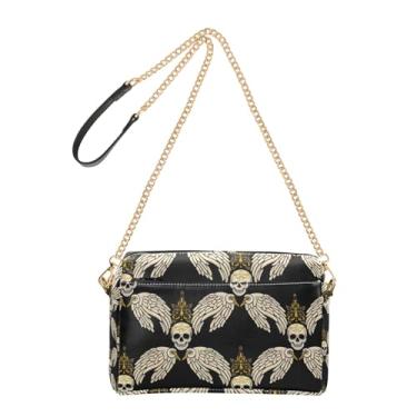 Imagem de Joitme Bolsa tiracolo feminina bolsa de celular com asas de caveira alça de corrente preta bolsa de ombro de couro PU