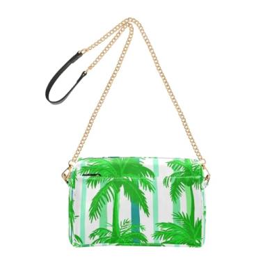 Imagem de Bolsa feminina cruzada, palmeiras verdes, listras verticais, bolsa para celular, bolsa de ombro de couro PU, alça de corrente