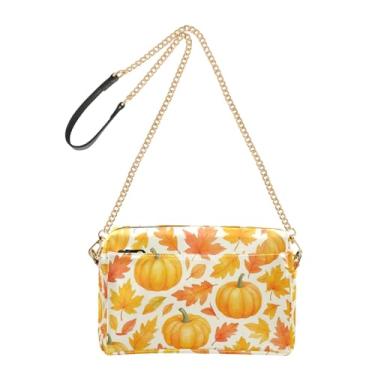 Imagem de Joitme Bolsa feminina transversal abóboras folhas de outono laranja bolsa para celular couro PU bolsa de ombro alça de corrente
