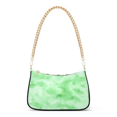 Imagem de Bolsa de ombro feminina com textura de mármore verde e corrente de veias, bolsa Hobo média moderna com alça dourada, bolsa clutch para o dia a dia
