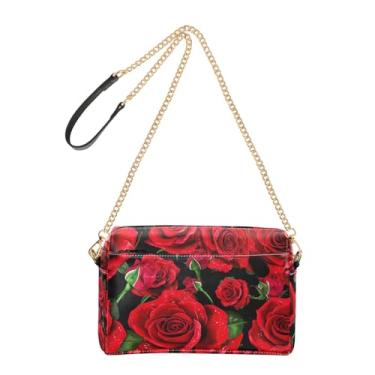 Imagem de Bolsa feminina transversal com rosas vermelhas vibrantes realistas para celular bolsa de ombro de couro PU com alça de corrente