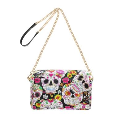 Imagem de Joitme Bolsas femininas bolsa tiracolo coloridas caveiras flores preta bolsa para celular bolsa de ombro com alça de corrente de couro PU