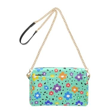 Imagem de Joitme Bolsa feminina transversal para celular com alça de corrente de couro PU bolsa de ombro fofa colorida floral verde-petróleo