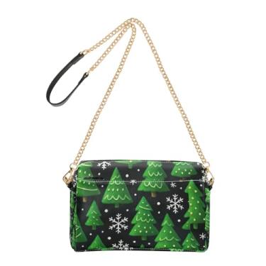 Imagem de Joitme Bolsa tiracolo preta de Natal com árvores verdes para mulheres, bolsa de ombro de couro PU, alça de corrente, bolsa para celular
