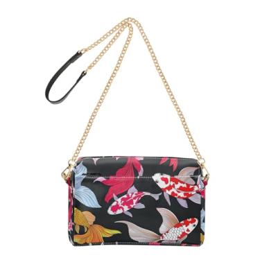 Imagem de Bolsa feminina colorida Goldfish Koi Fish Preta Bolsa tiracolo de couro PU Bolsa de ombro com alça de corrente para celular