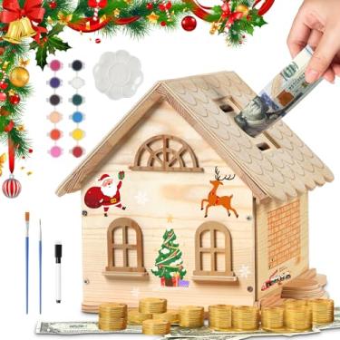 Imagem de Kit de caixa de desafio de poupança DIY com conjunto de tinta: cofre de dinheiro, caixa de poupança de madeira, kits de artesanato de madeira - faça um kit de casa de banco de dinheiro para crianças