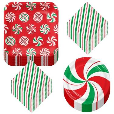 Imagem de Peppermint Swirl Red & Green Christmas Candy Talheres de Natal - Pacote variado de pratos de jantar, pratos de sobremesa, guardanapos de almoço e guardanapos de bebidas (32 pratos e guardanapos)