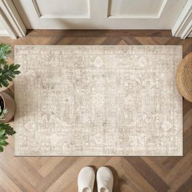 Imagem de WondRg Tapete de área lavável bege 5 x 7 cm para entrada neutro macio antiderrapante pequeno tapete de porta envelhecido vintage para entrada, banheiro, quarto, interior