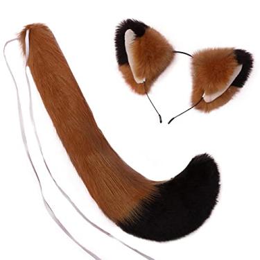 Imagem de Focupaja Conjunto de orelhas e orelhas de anime de pele sintética, cauda de lobo raposa e orelhas de gato, preto camelo, tamanho �nico