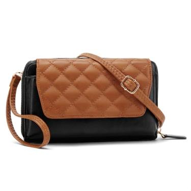 Imagem de Kiss Sea Bolsa tiracolo pequena para mulheres, carteira de couro vegano com compartimentos para cartões e zíper, bolsa de ombro para celular marrom e preta