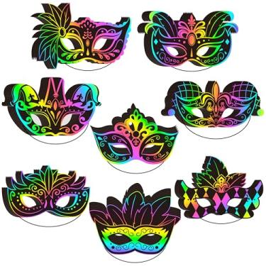 Imagem de WATINC Raspadinhas de carnaval – 48 peças, kit de artesanato de máscara de formatura de carnaval para crianças, baile de máscaras, faça você mesmo, papel de raspar de cor mágica, cartão de raspar para