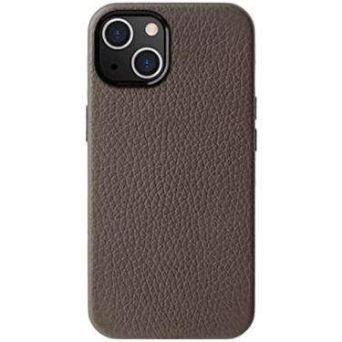 Imagem de MAALYA Capa de telefone traseira de couro premium, para Apple iPhone 14 Plus 6,7 polegadas 2022 textura de lichia totalmente envolta flocagem capa traseira (cor: cinza)