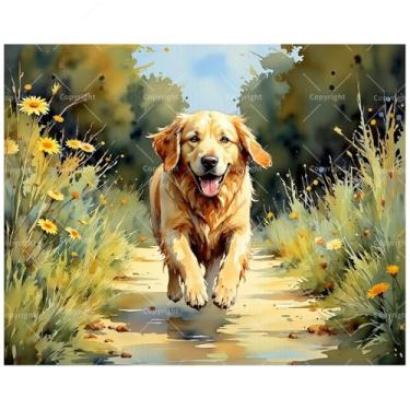 Imagem de Kit de pintura Golden Retriever Pathway por números para adultos - DIY cão correndo através de flores pintura em tela 40,6 x 50 cm, conjunto de tinta acrílica emoldurada, adequado para iniciantes